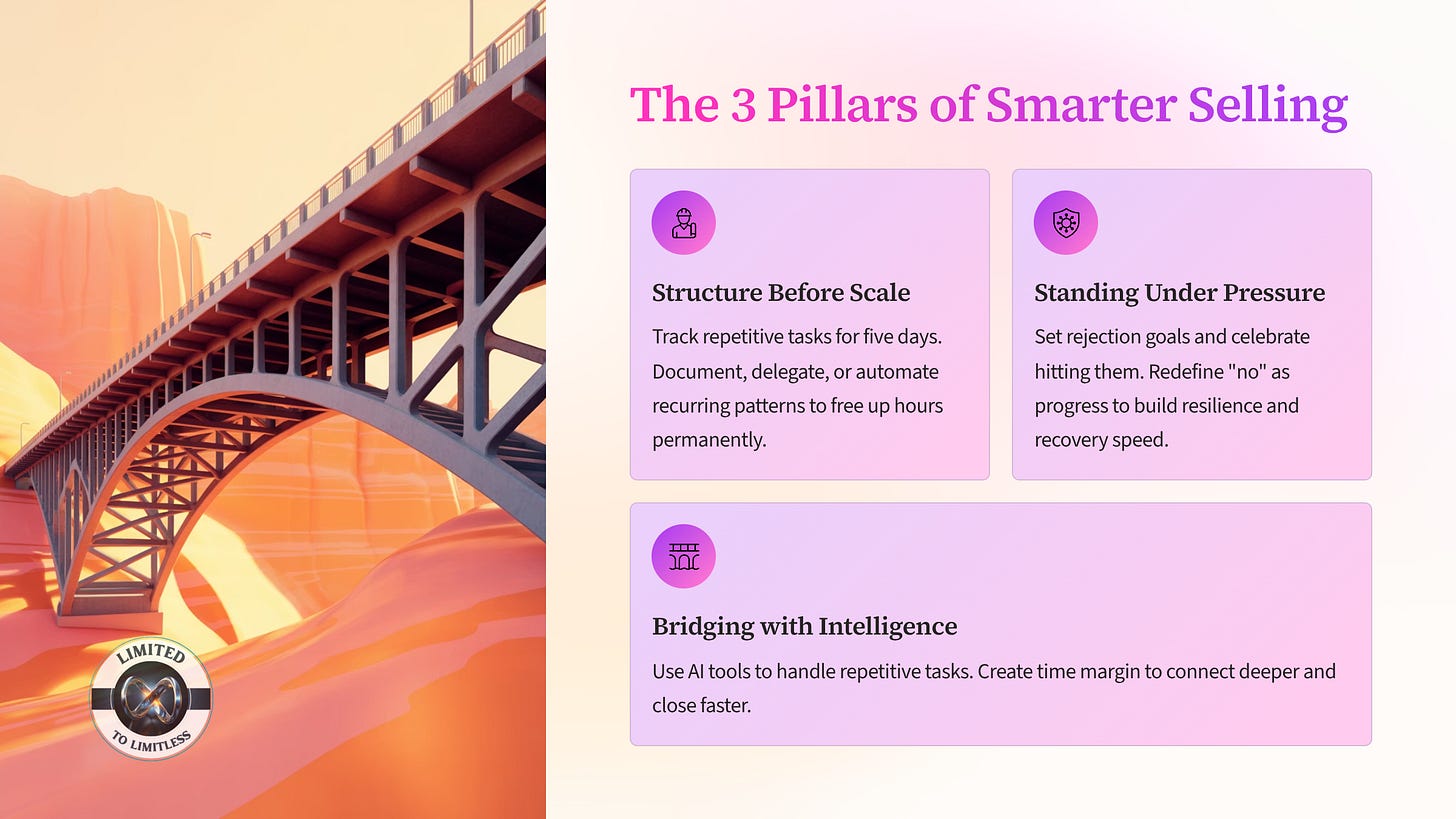 A shortcut reminder card that outlines the 3 pillars and their roles with a drawingof a bridge crossing a ravine.