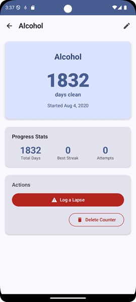 Nimbus Clean Time counter detail view with options and history
