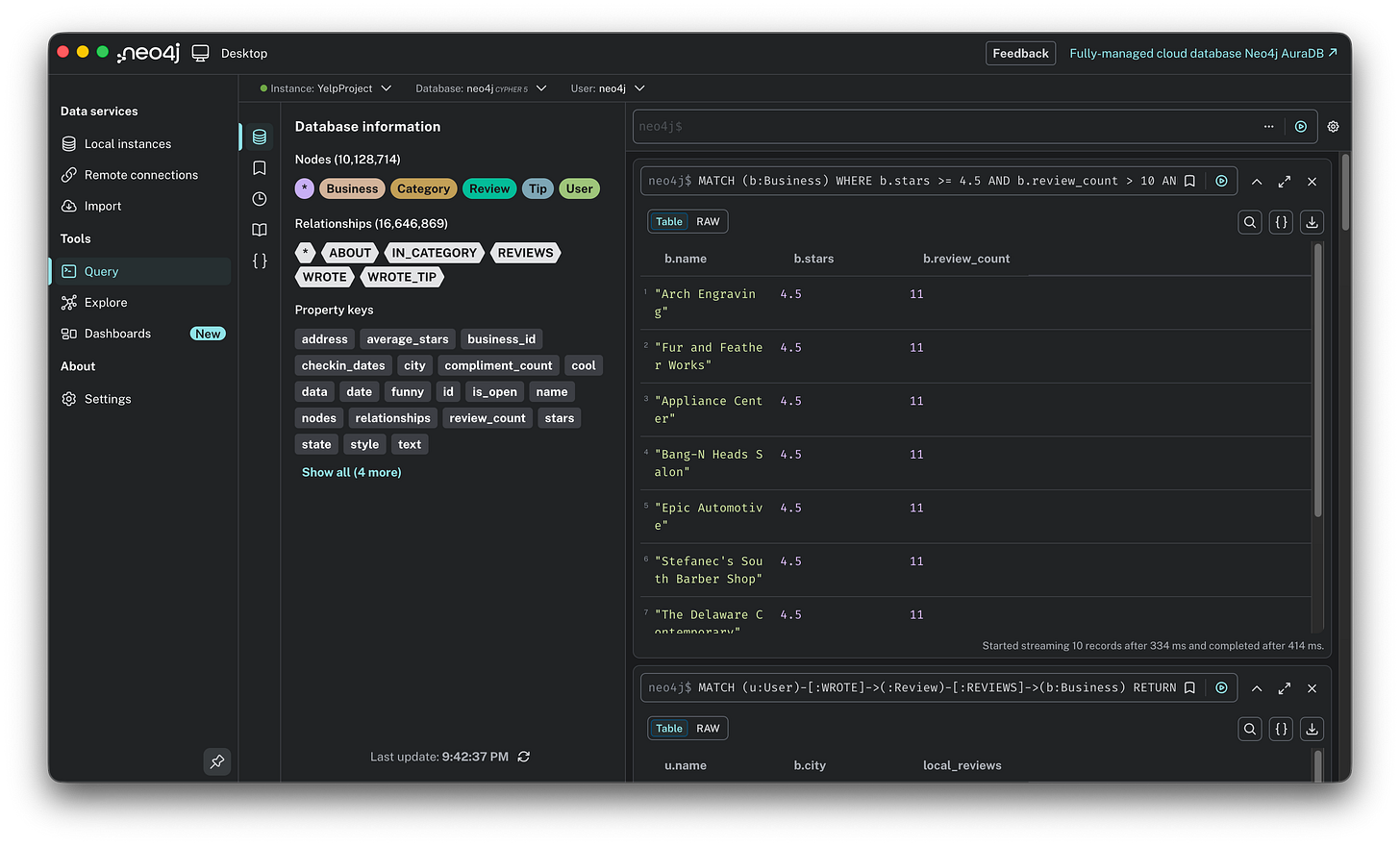Neo4j query results listing businesses like "Arch Engraving" with 4.5 stars and exactly 11 reviews, representing excellent but under-the-radar spots.