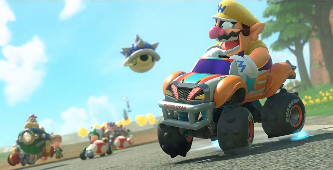 Wario screaming as a blue shell approaches.