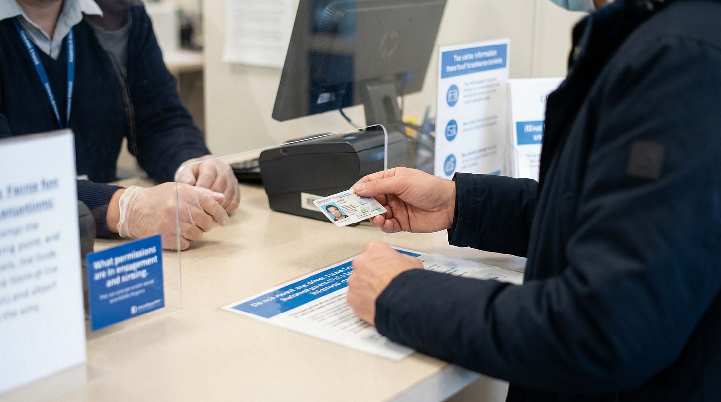 AI-generated illustration of someone presenting ID/driver's license at counter, symbolizing the visual representation of what voters will experience.