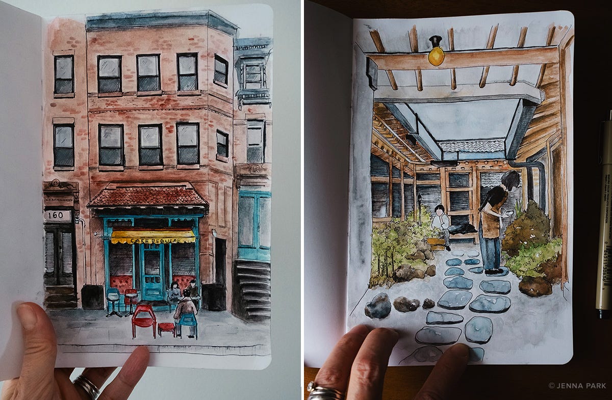 Urban sketches of cafes
