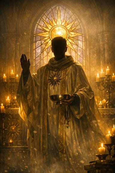 Abbot before stained glass, backlit silhouette