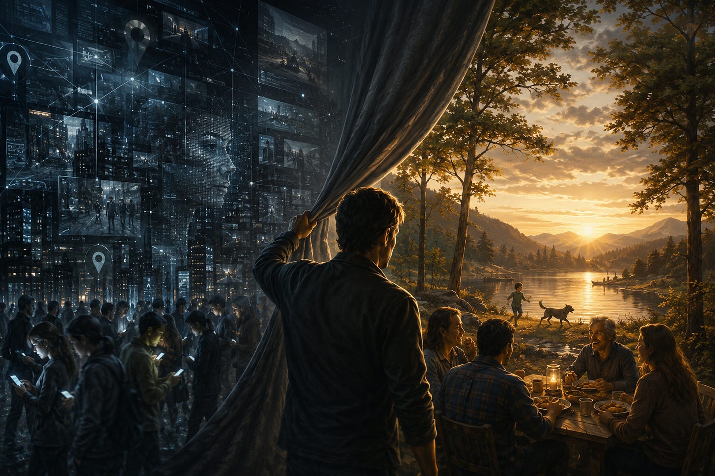 A man pulls back a curtain separating a dark, surveillance-filled digital city covered with data screens from a peaceful lakeside at sunset where people gather around a campfire, symbolizing the choice between constant digital observation and authentic human connection. A man pulls back a curtain separating a dark, surveillance-filled digital city covered with data screens from a peaceful lakeside at sunset where people gather around a campfire, symbolizing the choice between constant digital observation and authentic human connection.