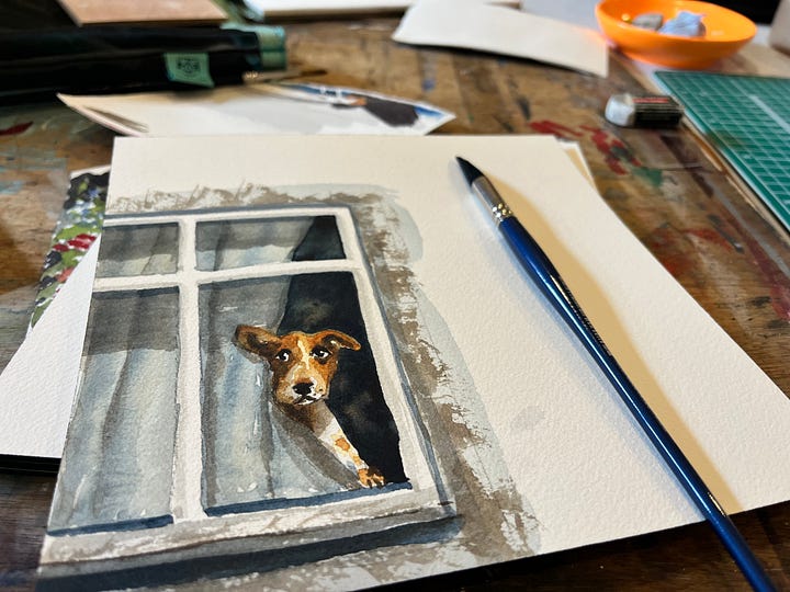 watercolour painting of a brindle greyhound and a dog in a window