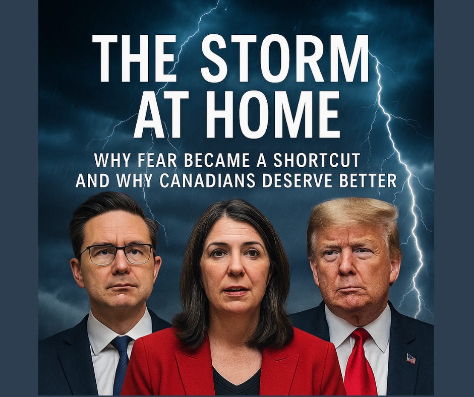 Composite image showing Pierre Poilievre, Danielle Smith, and Donald Trump beneath storm clouds and lightning, symbolizing the political tension and fear-driven rhetoric shaping Canada’s current moment.