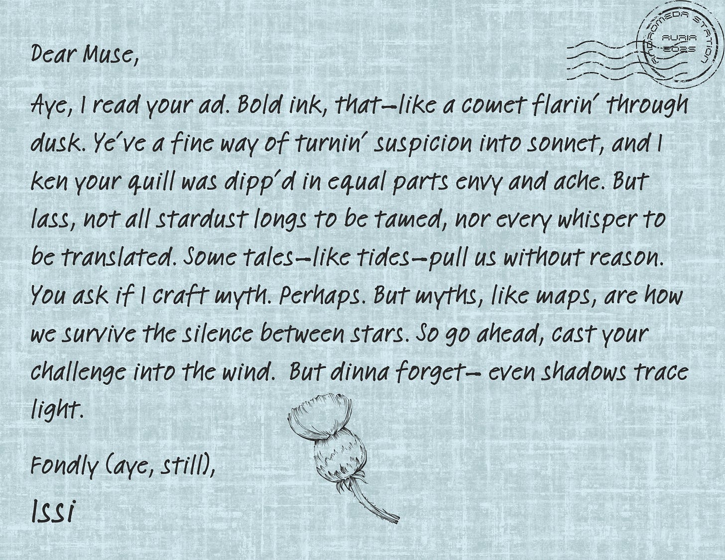 Handwritten postcard text on textured paper, featuring Issi’s poetic reply to the Muse, stamped from “Andromeda Station.