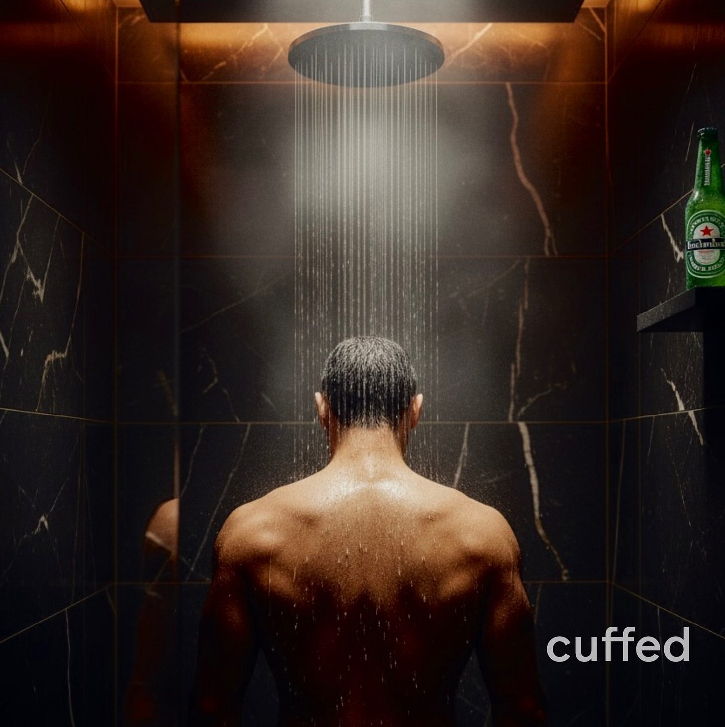 cover image for cuffed musing #36. a cinematic shot of a man seen from behind in a modern dark stone-tiled shower, head bowed under rainfall water. steam rises through warm amber light. a single green heineken bottle rests on the shower ledge with condensation dripping. image mood: moody, cinematic, restrained masculinity, quiet ritual. tags: shower beer, masculine ritual, cuffed cover art, emotional masculinity.