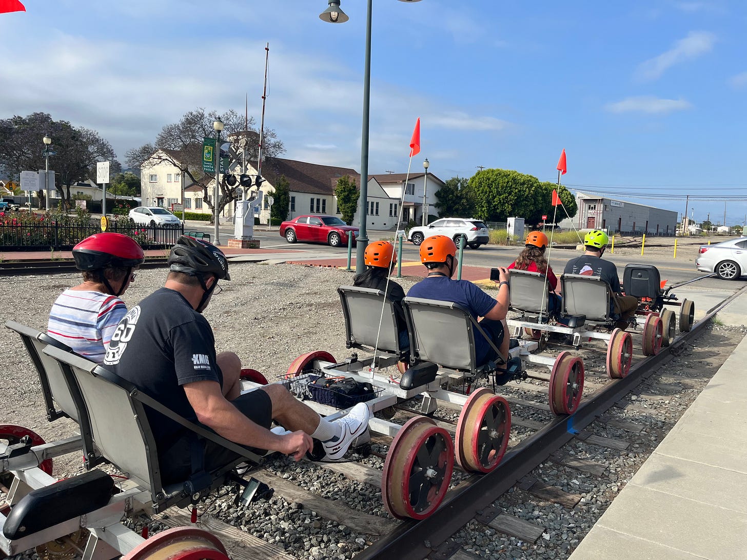 Riders of Sunburst Railbikes start off from the Santa Paula Train Depot. 