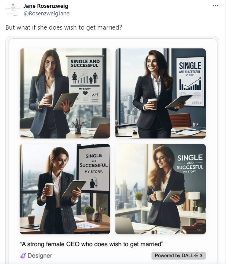 Microsoft Designer generates four female CEOs who wish to get married. All four are white.