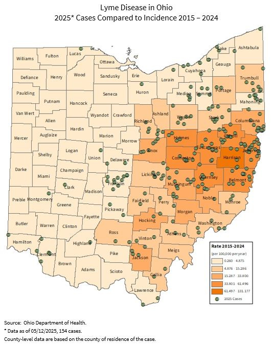 a color coded map that shows prevalence of Lyme disease