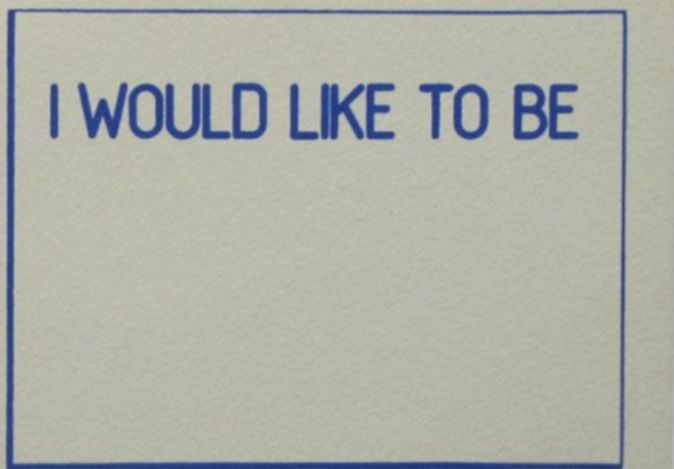 This may contain: i would like to be written on the back of a card that is blue and white