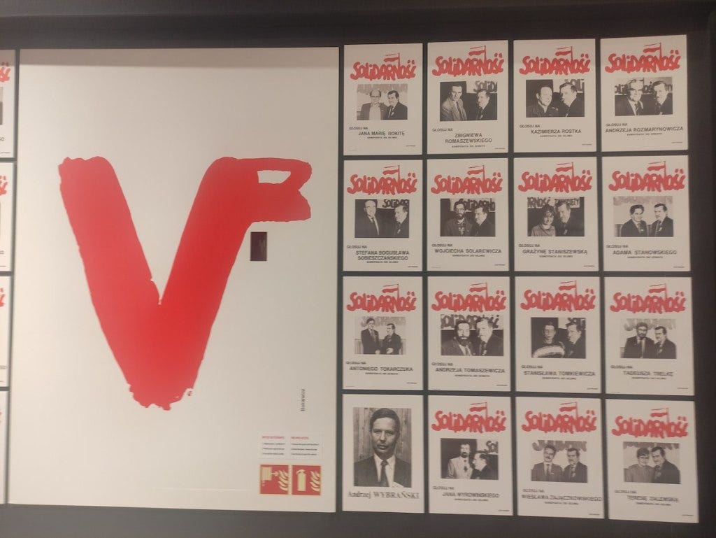 A display of posters of different Solidarnosc candidates standing for election, every one of them photographed individually with Lech Wałęsa A display of posters of different Solidarnosc candidates standing for election, every one of them photographed individually with Lech Wałęsa