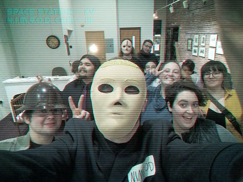 5 Pictures. 1) A group of people taking a selfie with a masked figure. 2) a group photo of people in alien costumes holding grocery bags. 3) Folks in pulpy "ancient egypt" costumes with a mummy chasing them. 4) a group of people in agressively christmasy outfits around a tree. 5) Black and white photo of a group dressed as mobsters.