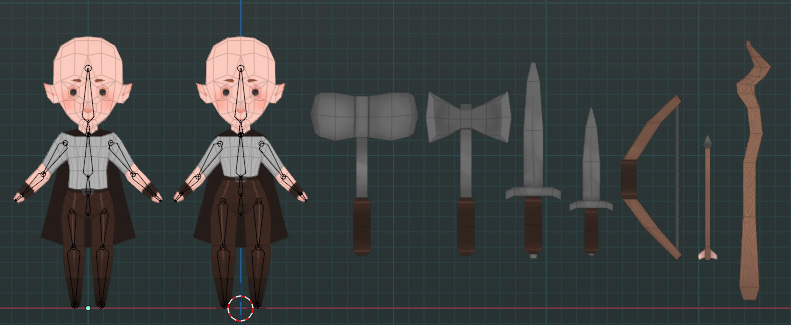This is an image of the game assets, including a character model, axe, sword and other handheld tools. This is an image of the game assets, including a character model, axe, sword and other handheld tools.