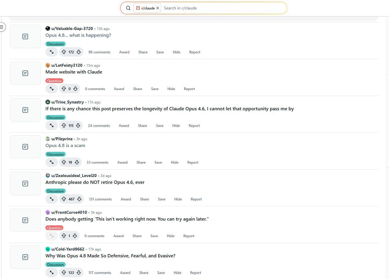 Reddit r/claude feed showing complaint posts about Opus 4.8, including "Anthropic please do NOT retire Opus 4.6, ever" at 467 upvotes and "Opus 4.8 is a scam" at 19 upvotes