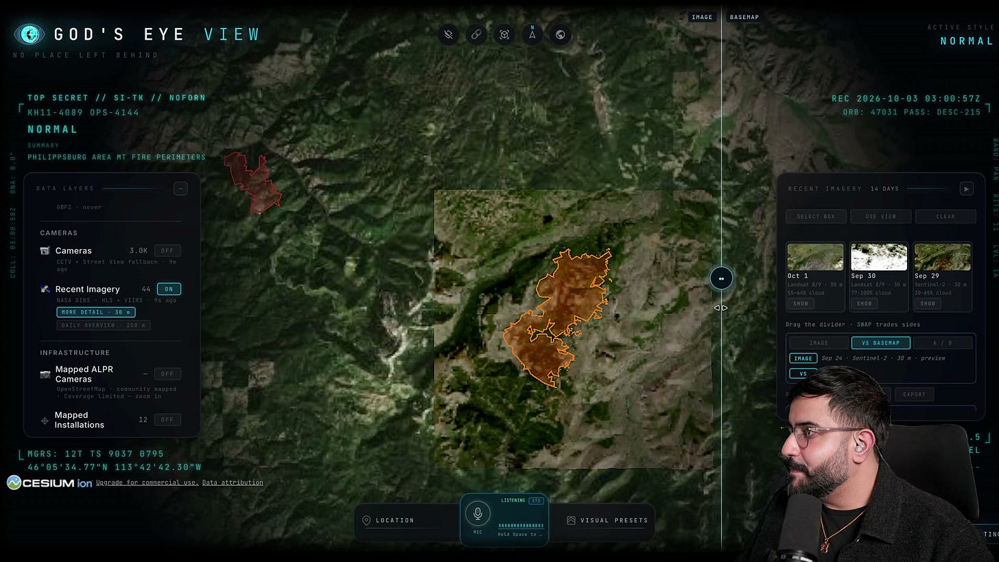 Satellite imagery divided by a vertical comparison line over mountainous terrain and an orange wildfire perimeter, with the Recent Imagery panel open. Satellite imagery divided by a vertical comparison line over mountainous terrain and an orange wildfire perimeter, with the Recent Imagery panel open.
