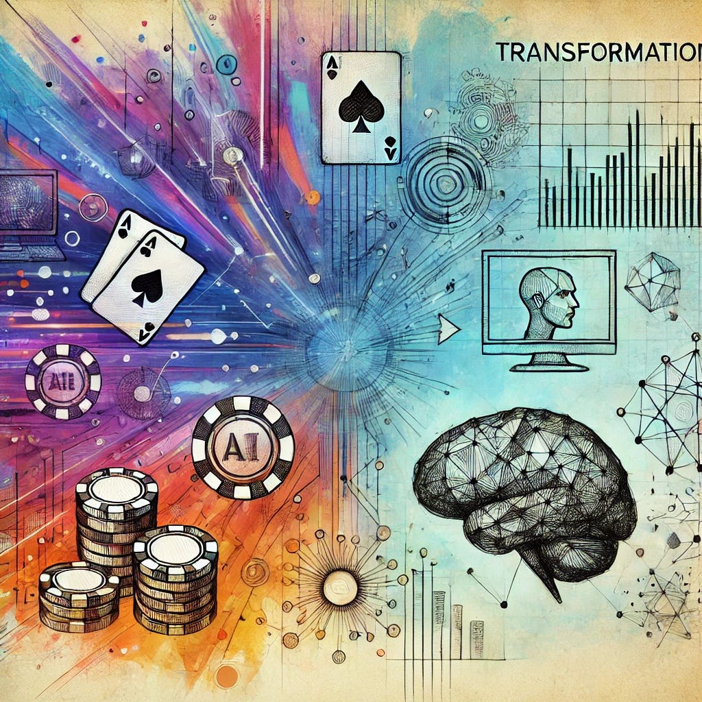 An abstract image representing transformation in technology. The background features a blend of vibrant and random colors, resembling a gradient with dynamic hues like blue, purple, and orange. Overlaid are minimalist pencil sketches of key elements such as a computer, AI brain, poker chips, and data graphs, arranged in an abstract, scattered style. The sketches are thin and detailed, adding a sense of simplicity and modernity to the image. The overall composition is dynamic, symbolizing the rapid and multifaceted changes in technology, data, and AI.