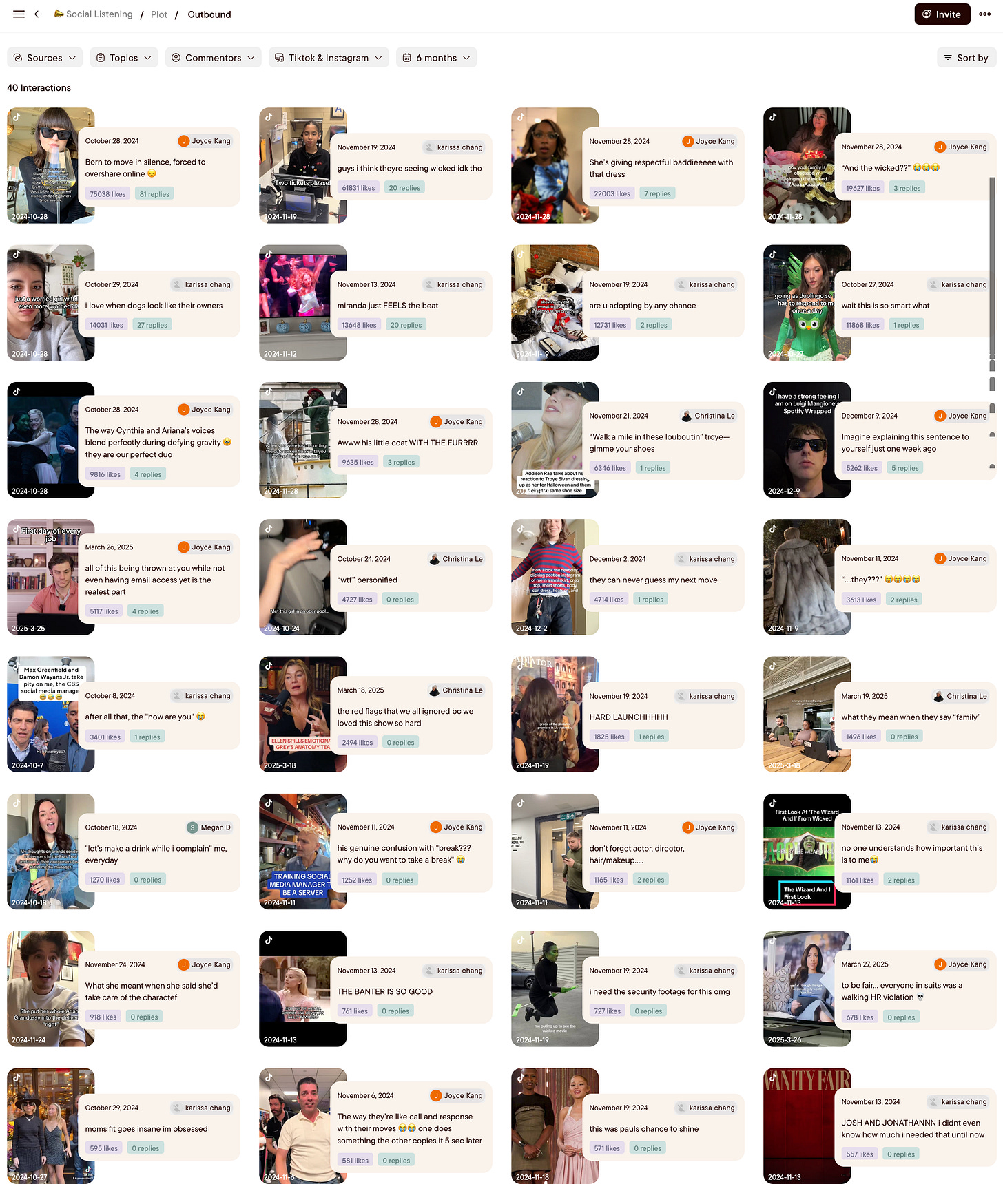 Social media monitoring dashboard displaying a grid of user-generated content from TikTok and Instagram, featuring comments and engagement metrics from various users over the past six months. The dashboard highlights interactions with familiar influencers and community members, showcasing the blend of creative content and proactive engagement efforts.