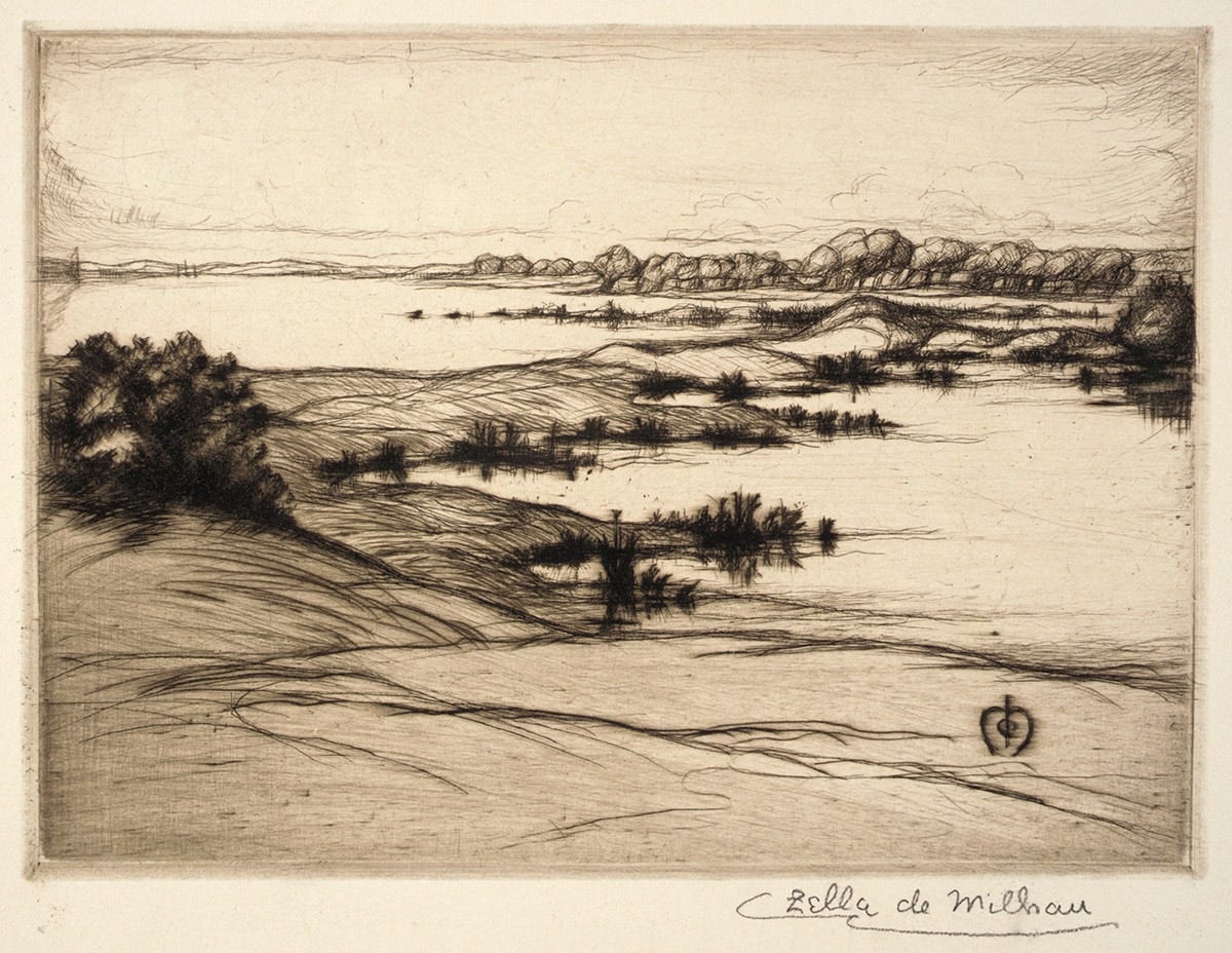 an etching of a landscape with a signature by zella de milhau an etching of a landscape with a signature by zella de milhau