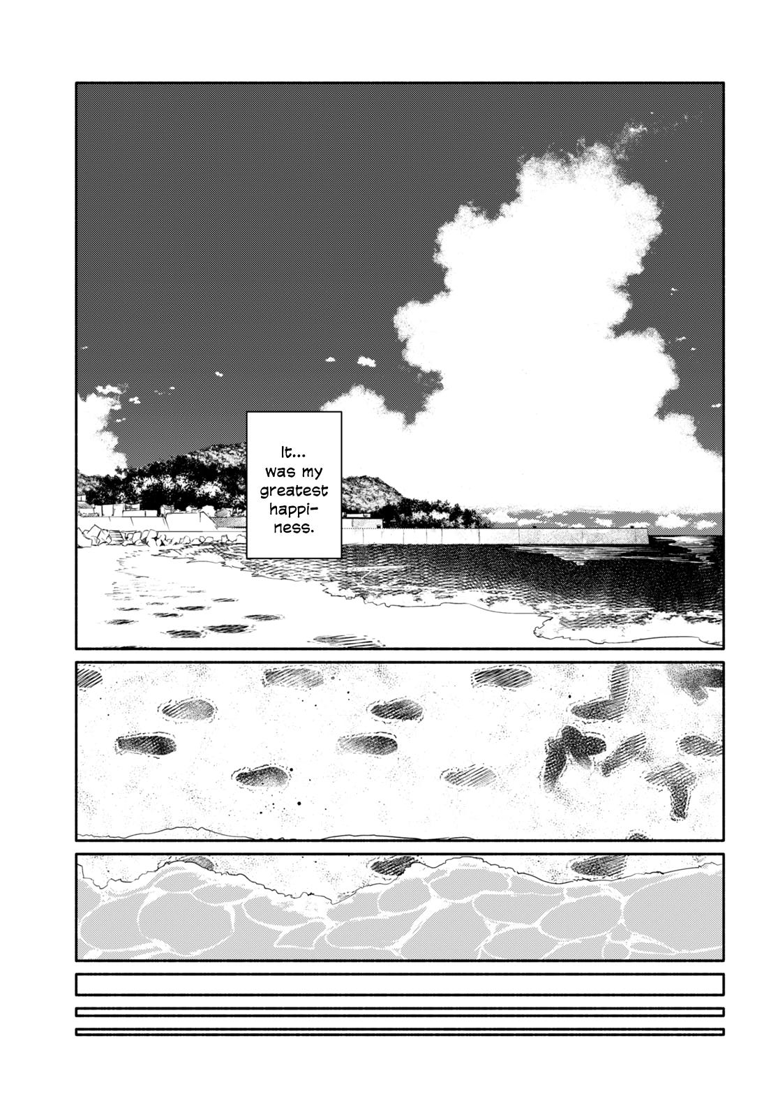 a page from "throw away the suit together" that depicts a beach landscape. footprints are strewn about, but it's empty, as if it were haunted. there's only one phrase: "it...was my greatest happiness." 