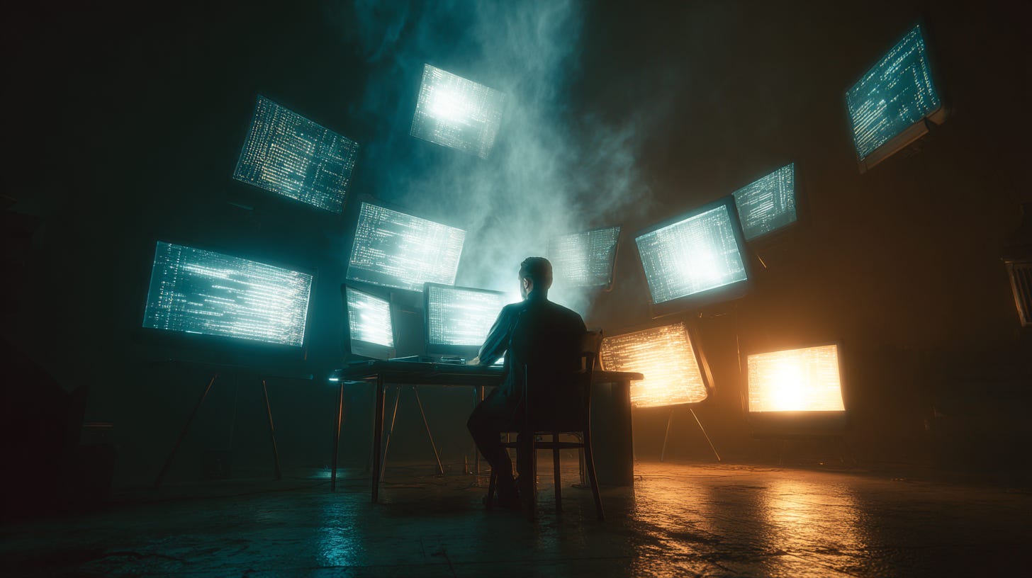 ADHD hyperfocus visualization showing developer coding through night with multiple screens representing intense concentration and mental flow state