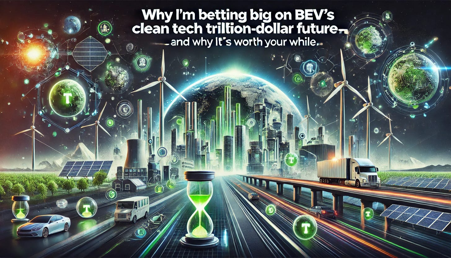A futuristic and dynamic digital illustration showcasing the rise of clean technology backed by Breakthrough Energy Ventures (BEV). The scene features cutting-edge innovations like advanced battery storage, green hydrogen, carbon capture, and sustainable transportation. A sleek cityscape with renewable energy infrastructure, wind turbines, and solar farms represents the trillion-dollar potential of clean tech. The text 'Why I’m Betting Big on BEV’s Clean Tech Trillion-Dollar Future—And Why It’s Worth Your While' is prominently displayed in a bold, modern font.