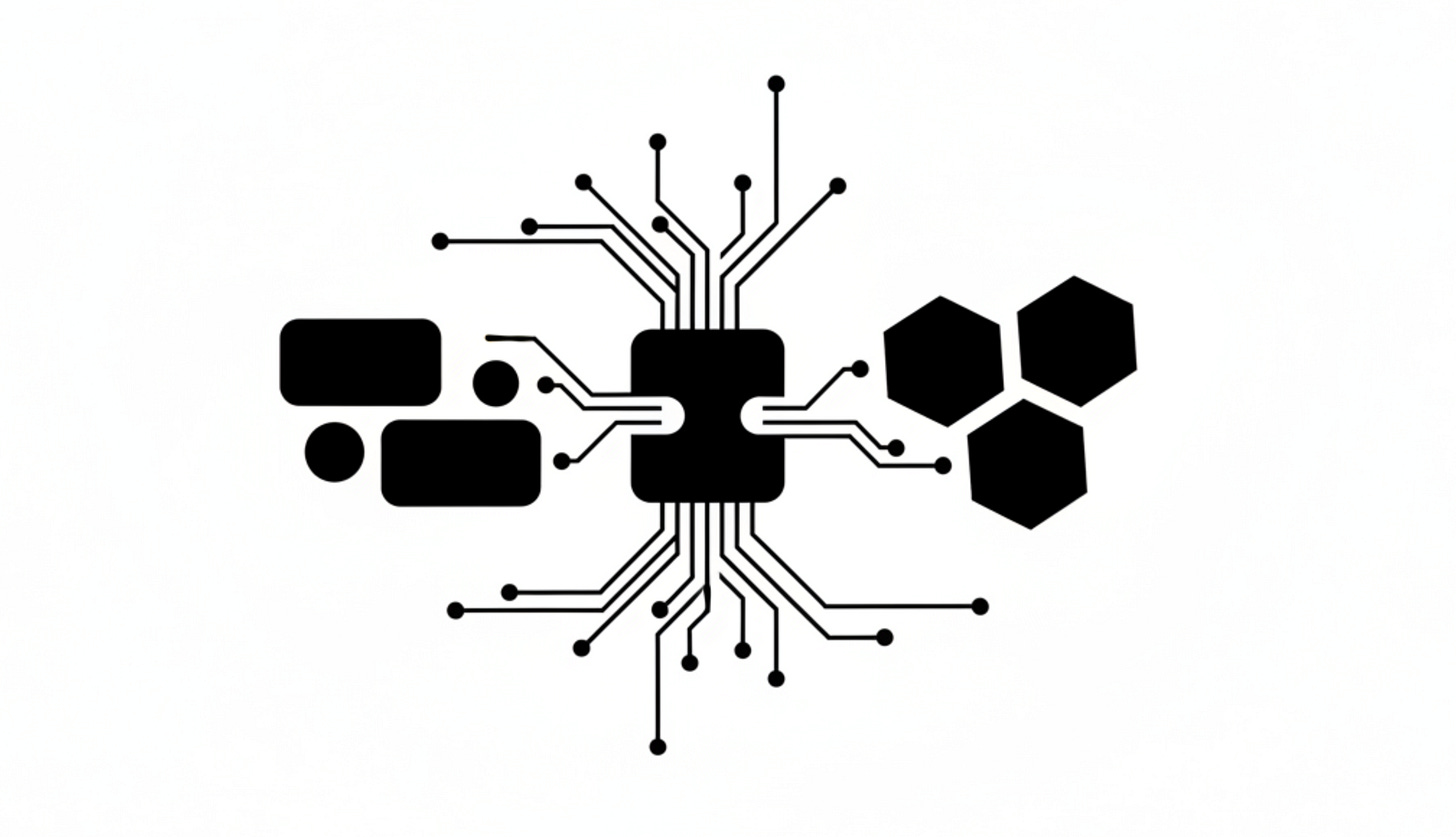 Two modular forms merging into a larger structure with new branches, representing symbiogenesis as integration Two modular forms merging into a larger structure with new branches, representing symbiogenesis as integration