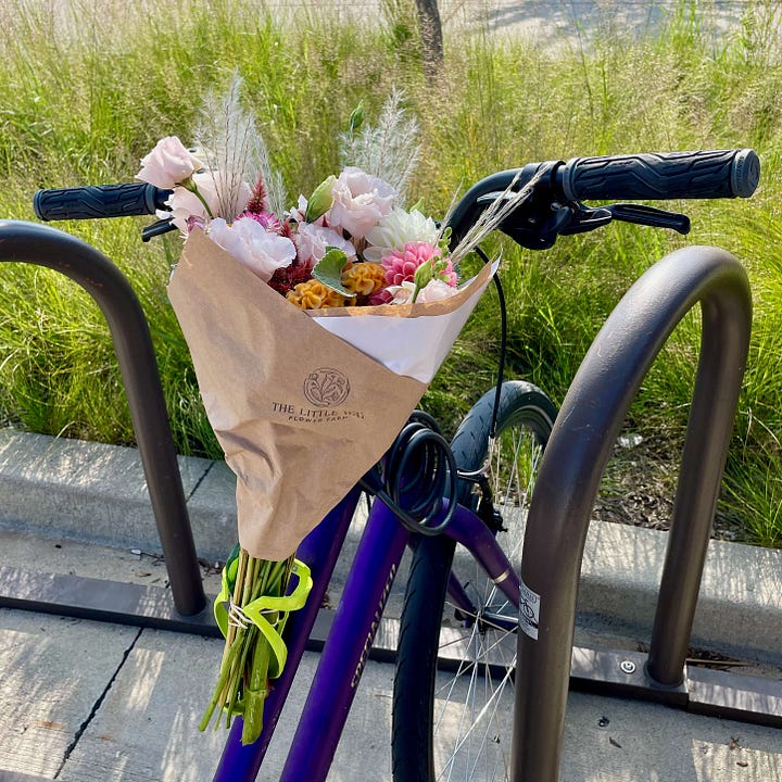 1 - A paved trail through dense foliage; 2 - A gloved hand holding a small sketchbook with water color palette clipped to it , with a landscape sketch of early spring fields; 3 - Shell wearing a bike helmet and looking at the camera; 4 - A bouquet of flowers in the water bottle holder on a bike