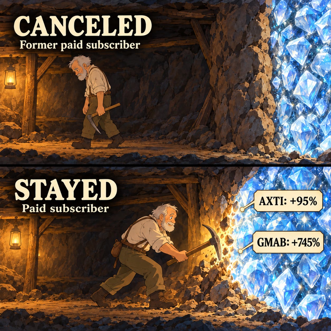 Two miners illustrate persistence: a former paid subscriber walks away just before reaching diamonds, while the miner who kept digging reaches gains labeled AXTI 95% and GMAB 745%.