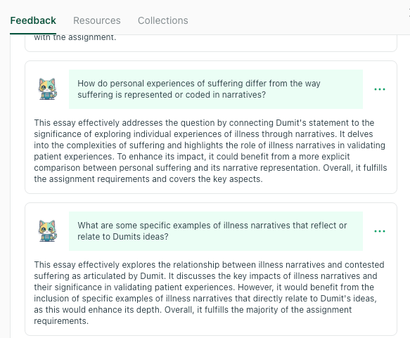 thesify Feedback panel showing Suggested Topics question cards within Additional Feedback.