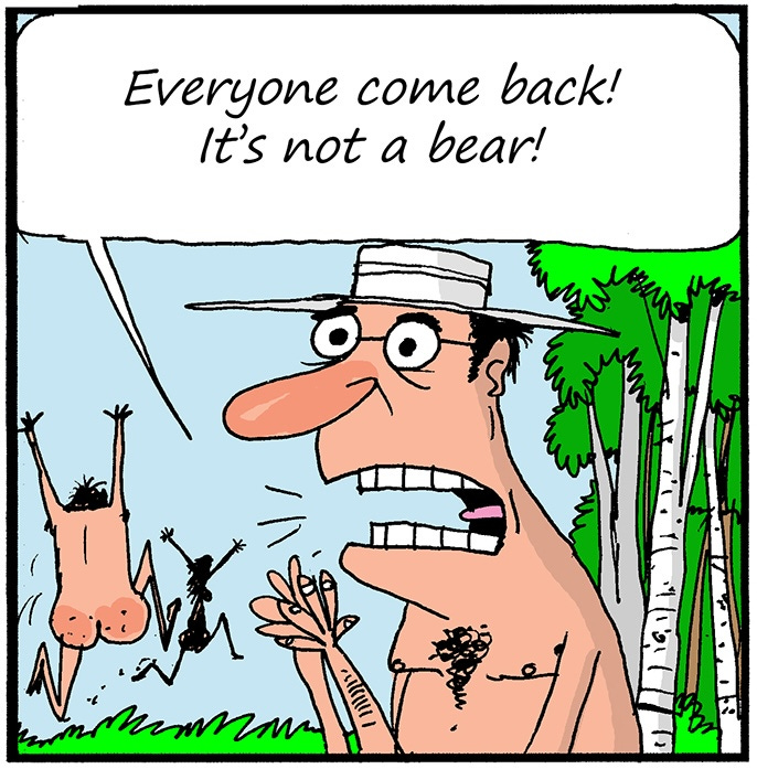 Panel 2: A nude man in a hat calls out as others flee in the background, “Everyone come back! It’s not a bear!”