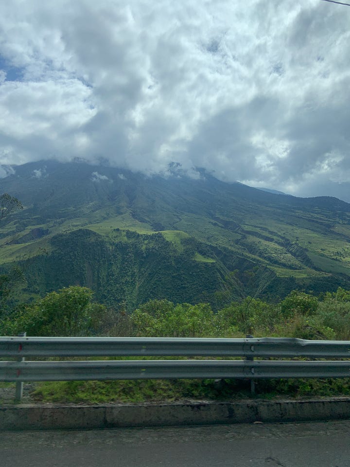 Left to right: Two photos overlooking green landscapes with a cloudy grey sky. The photo was captured near Banos de Agua Santa in Ecuador