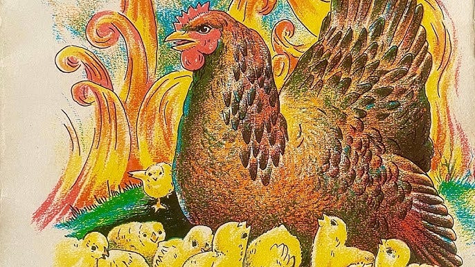 illustration of a hen and her chicks with flames in the background