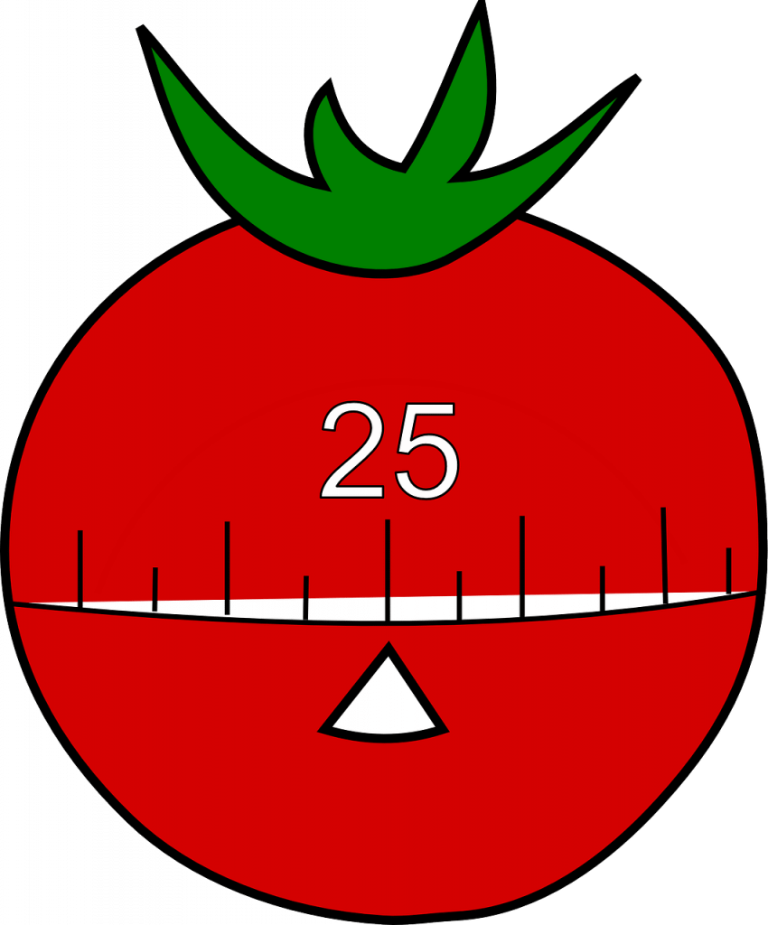 red tomato shaped timer with a green sprig, and demarcated with minute marks with the timer arrow pointing to the number 25 red tomato shaped timer with a green sprig, and demarcated with minute marks with the timer arrow pointing to the number 25