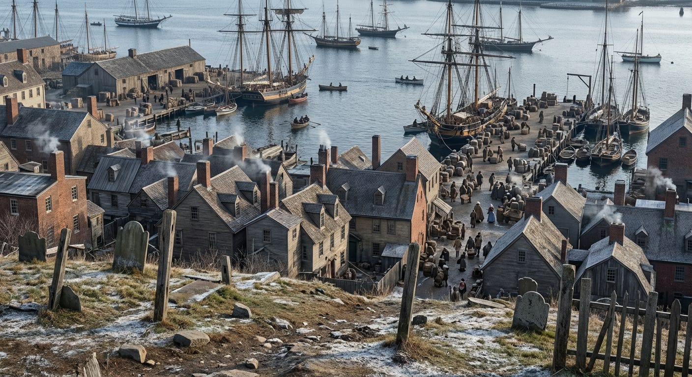 A hyperrealistic documentary-style photograph taken from the slope of Copps Hill in Boston looking down across the North End toward the inner harbor and Long Wharf on December 13 1775 The image appears as a modern ultrahighresolution photogr_image_1