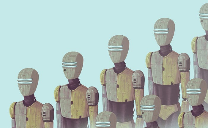 A digital illustration of robots marching.