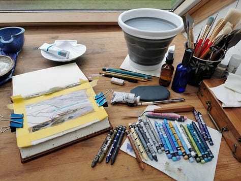 Various working set ups, experiments, and artworks made with the art materials my body no longer tolerates.