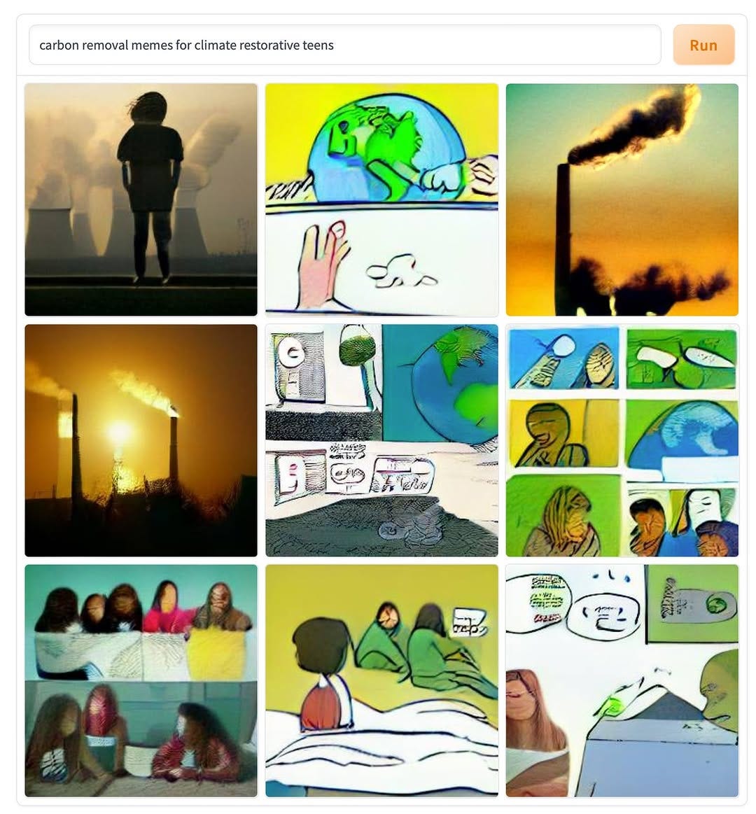 Screenshot of an early AI image generator given the prompt "carbon removal memes for climate restorative teens", showing a three-by-three grid of blurry images: smokestacks at sunset, cartoon globes, and groups of teenagers.