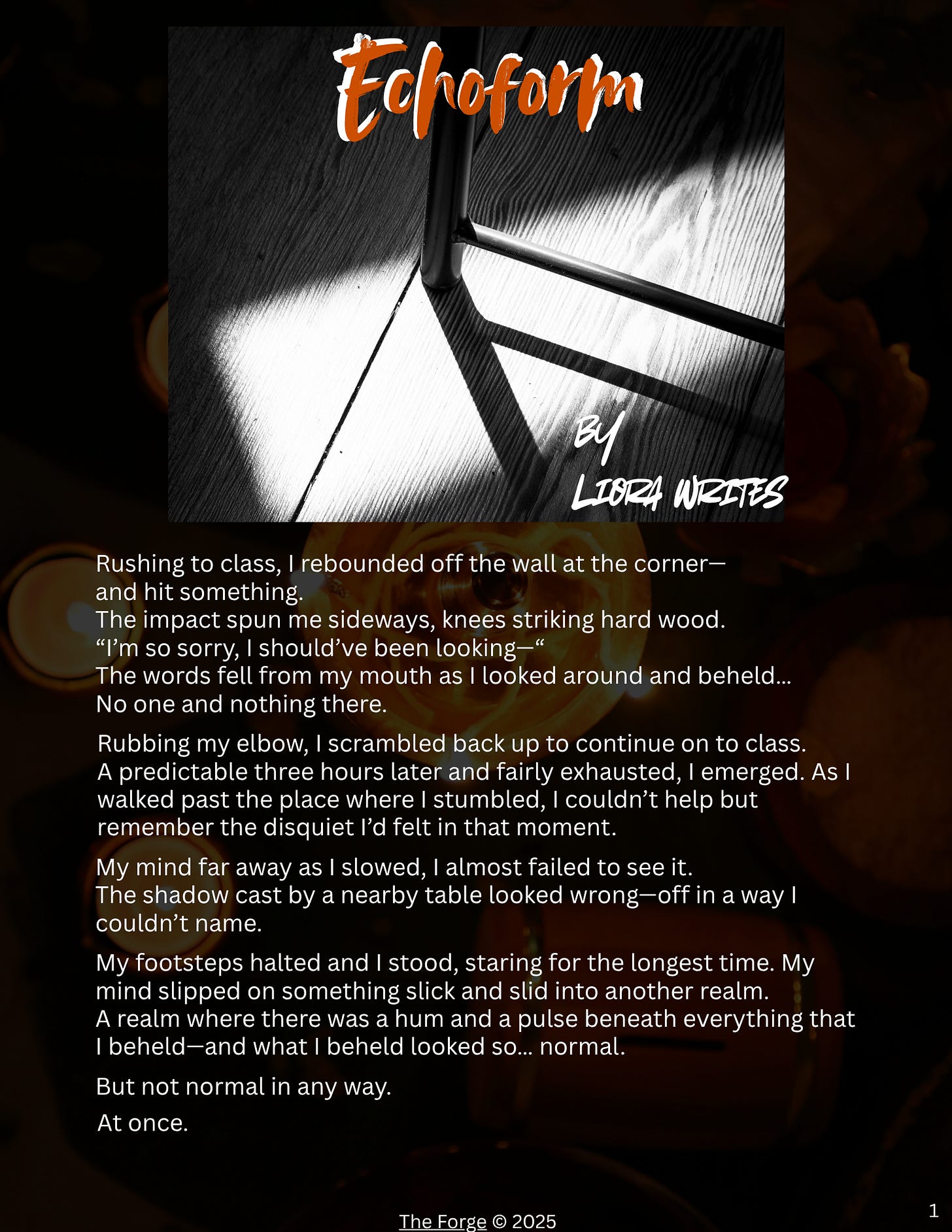 Black-and-white photo of sunlight and a chair leg casting angular shadows across a wooden floor. Title Echoform in orange-white script. Below, white text begins a first-person story about colliding with something unseen in a hallway. Black-and-white photo of sunlight and a chair leg casting angular shadows across a wooden floor. Title Echoform in orange-white script. Below, white text begins a first-person story about colliding with something unseen in a hallway.