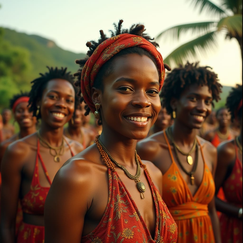 Vibrant Jamaican individuals, richly dressed in traditional clothing, surrounded by lush island landscapes, cinematic lighting casting warm, golden tones on their smiling faces