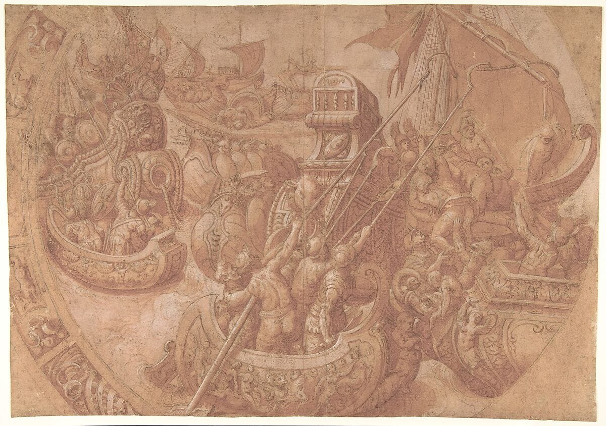 The Sea Battle in the Gulf of Morbihan, Workshop of Taddeo Zuccaro (Italian, Sant'Angelo in Vado 1529–1566 Rome), Brush and red wash, highlighted with white gouache, over black chalk, and some compass construction The Sea Battle in the Gulf of Morbihan, Workshop of Taddeo Zuccaro (Italian, Sant'Angelo in Vado 1529–1566 Rome), Brush and red wash, highlighted with white gouache, over black chalk, and some compass construction