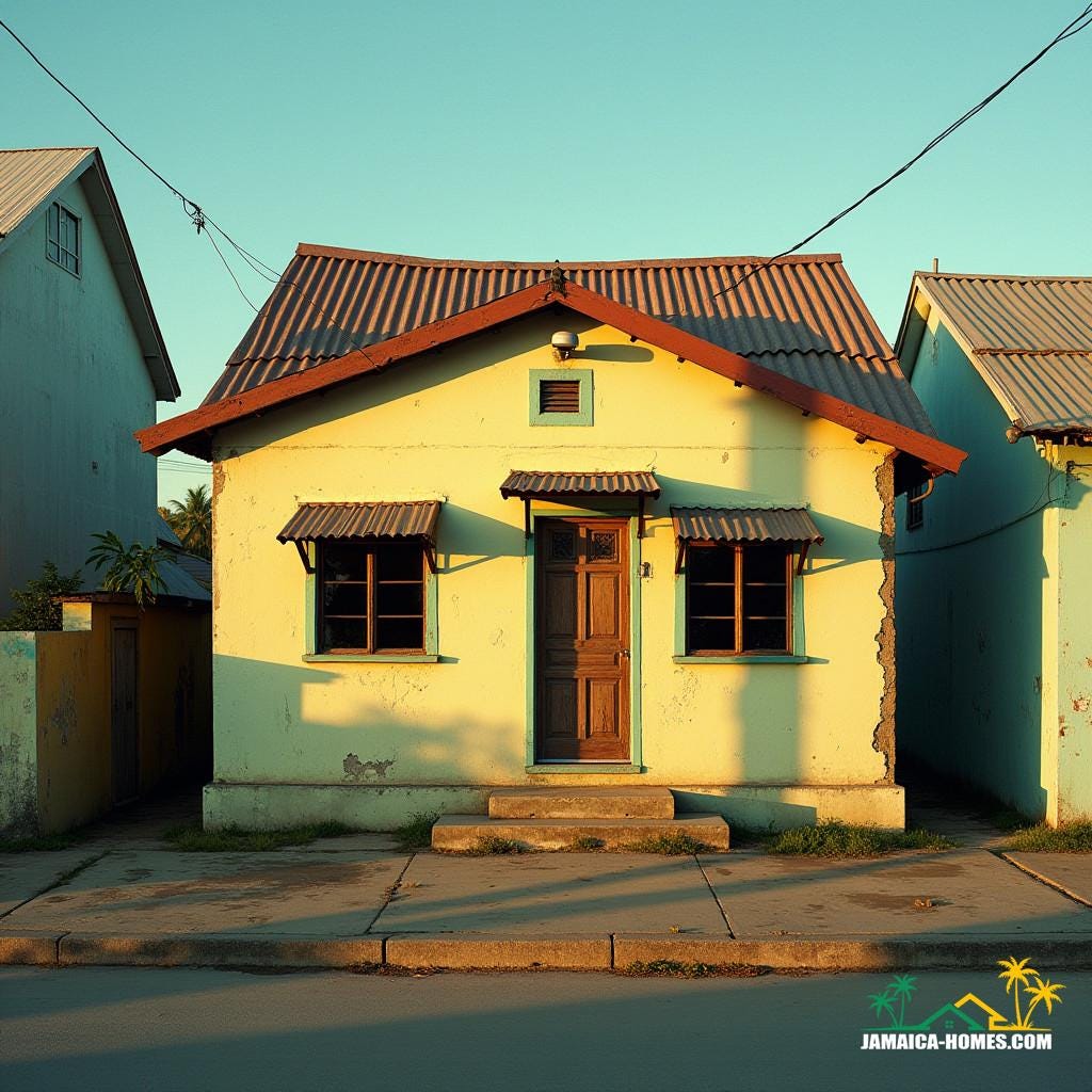 A dilapidated, modern-day Spite house in Kingston, Jamaica, its worn, pastel-hued façade a testament to the Caribbean's rich cultural heritage, stands alone or perhaps adjoins a neighboring structure, its irregular architecture a rebellious statement against conformity. Captured as a cinematic film still, shot on a v-raptor XL camera, the image exudes a tactile, filmic quality, with noticeable grain and a subtle vignette that draws the viewer's eye to the heart of the scene. The color palette is deliberately graded to evoke a sense of nostalgia and drama, with post-processing enhancements that amplify the atmospheric tension. The warm, golden light of the Jamaican sun casts long shadows across the structure's façade, imbuing the scene with a sense of history and narrative depth