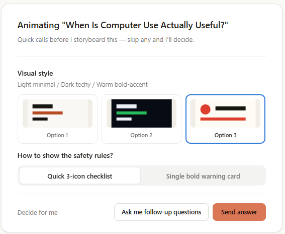 Claude Design follow-up screen offering visual-style and safety-rule presentation choices for the animation.