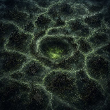 The Hollow of Berez seen from above — a vast swamp crater like a wound in the earth, fog swirling in spirals, ruined cottages half‑submerged, thorn‑choked paths converging toward a massive organic opening pulsing with green curse‑light beneath the mist