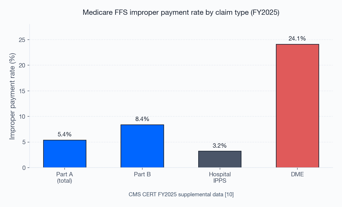 Figure 1: Medicare FFS improper payment rates by claim type (CMS CERT FY2025) Figure 1: Medicare FFS improper payment rates by claim type (CMS CERT FY2025)