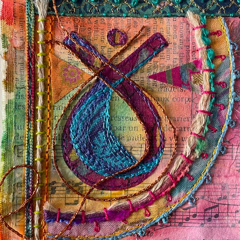 Painted paper collage with fabric collage and embroidery