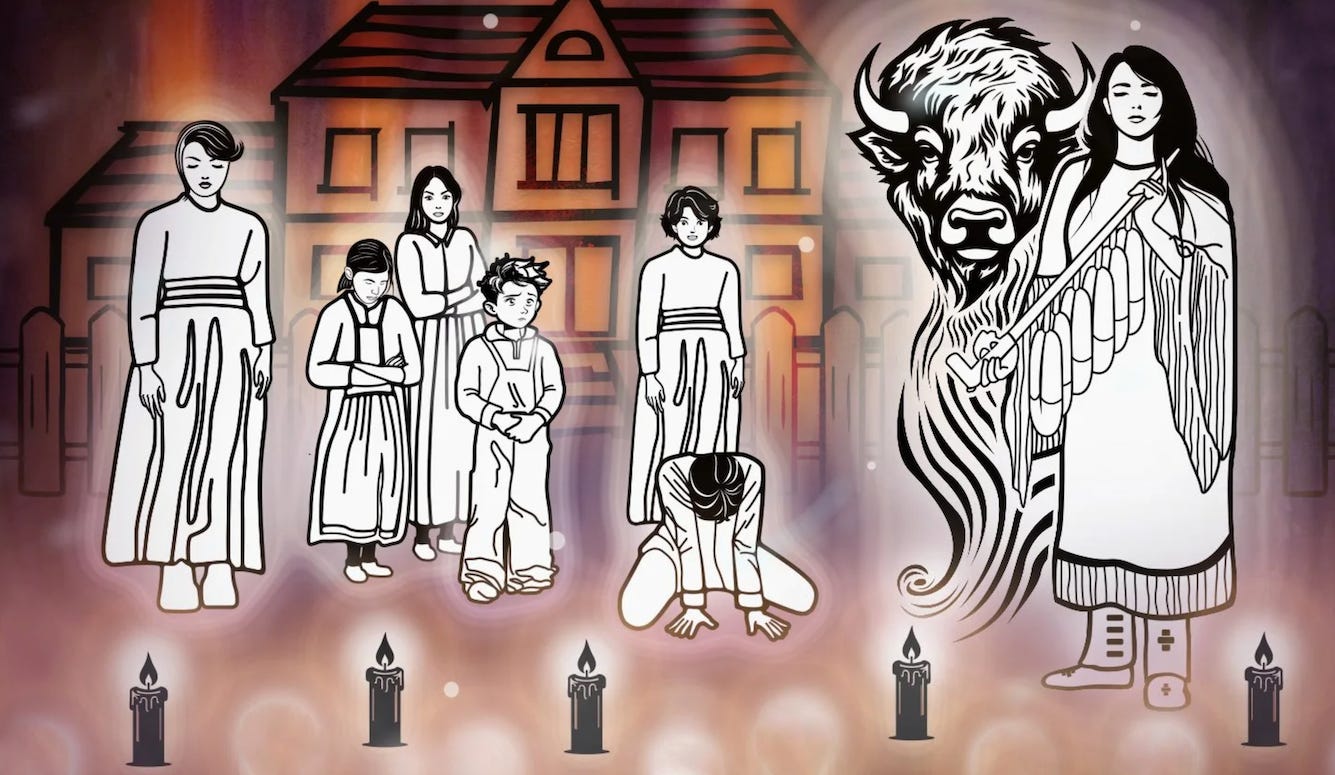 Promotional graphic from the Permanent Peoples’ Tribunal on Missing Indigenous Children and Unmarked Graves, referencing claimed unmarked graves at Canadian residential schools.