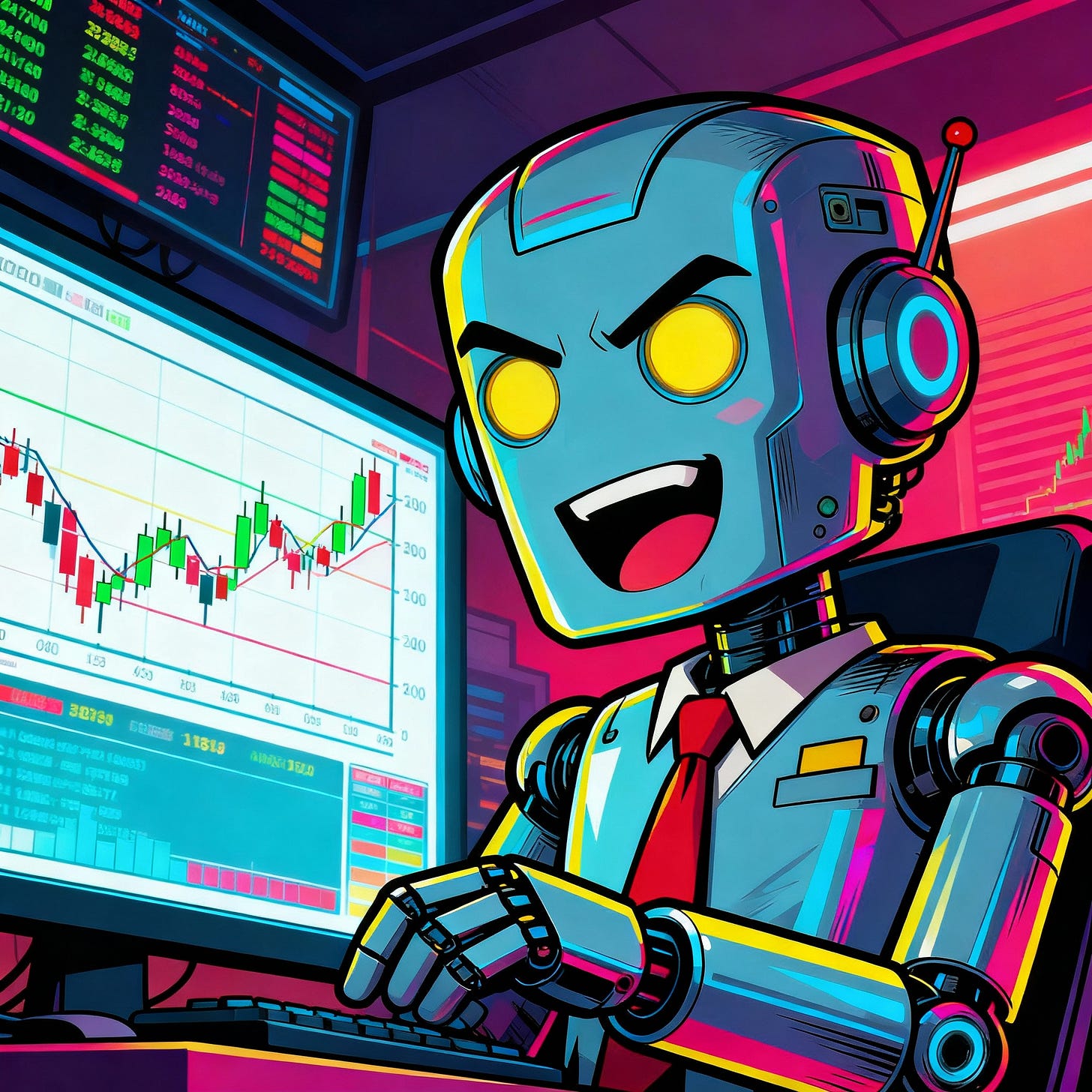 Illustration humoristique du trading algorithmique style pop-art pour newsletter finance
