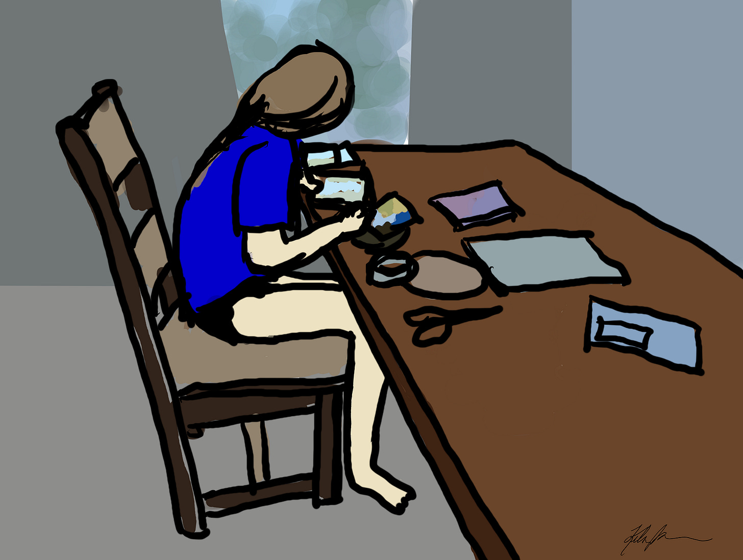 A woman in her underwear sits at the table with scissors, tape, and paper laid out before her